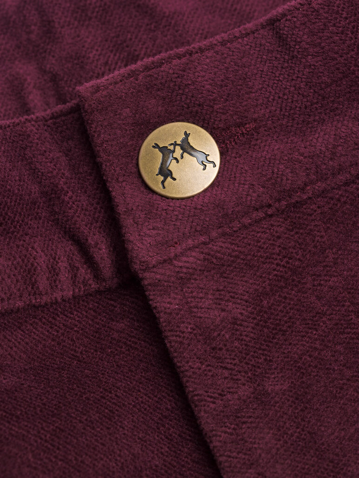 Button fly of Burgundy Velveteen Jeans