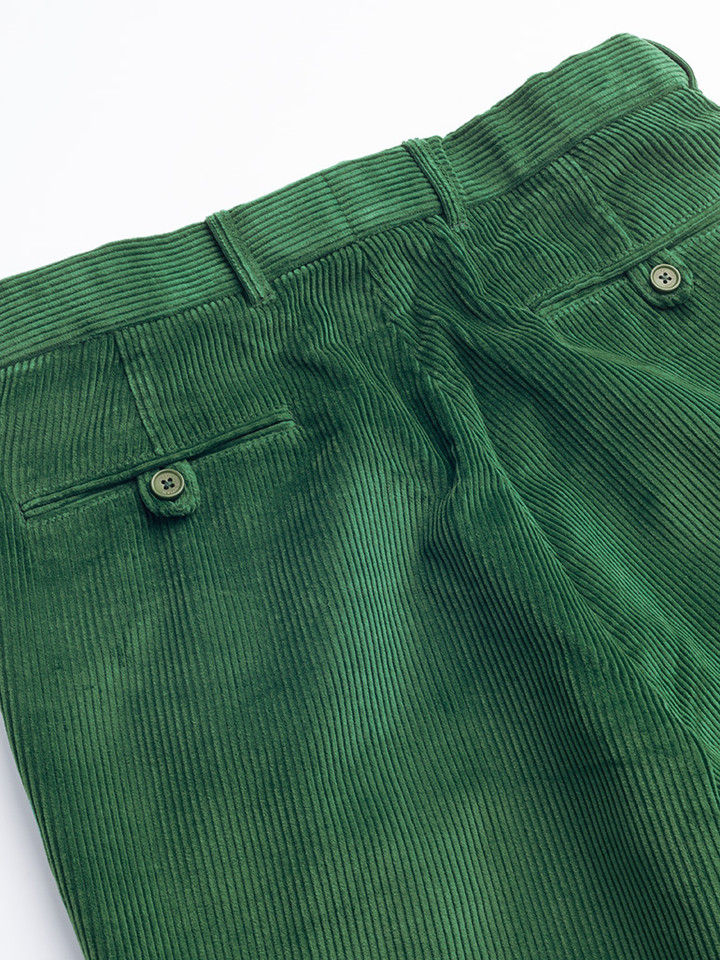 Men's Emerald Green Flat Front Corduroy Trousers 2 buttoned hip pockets