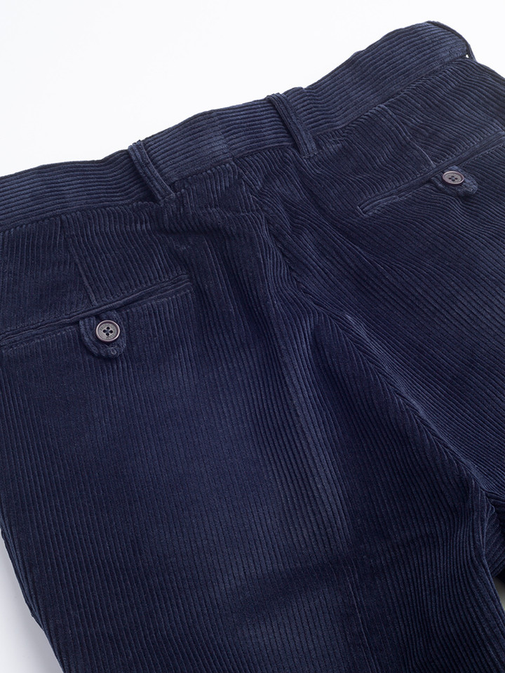 Men's Navy Blue Flat Front Corduroy Trousers 2 buttoned hip pockets