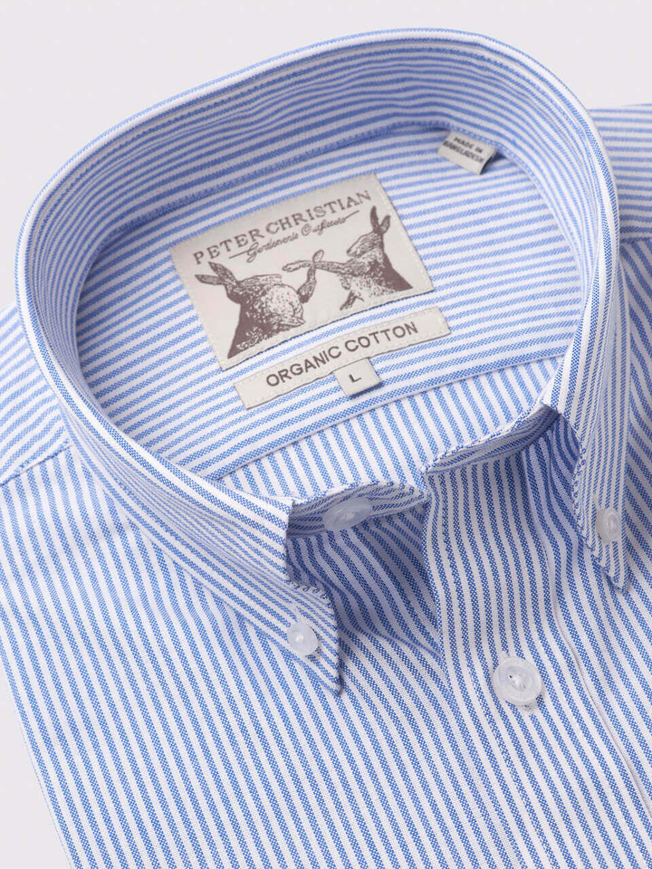 Men's Blue Stripe Cotton Oxford Shirt Collar