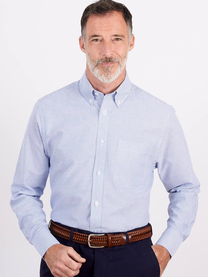 Men's Blue Stripe Cotton Oxford Shirt on Model