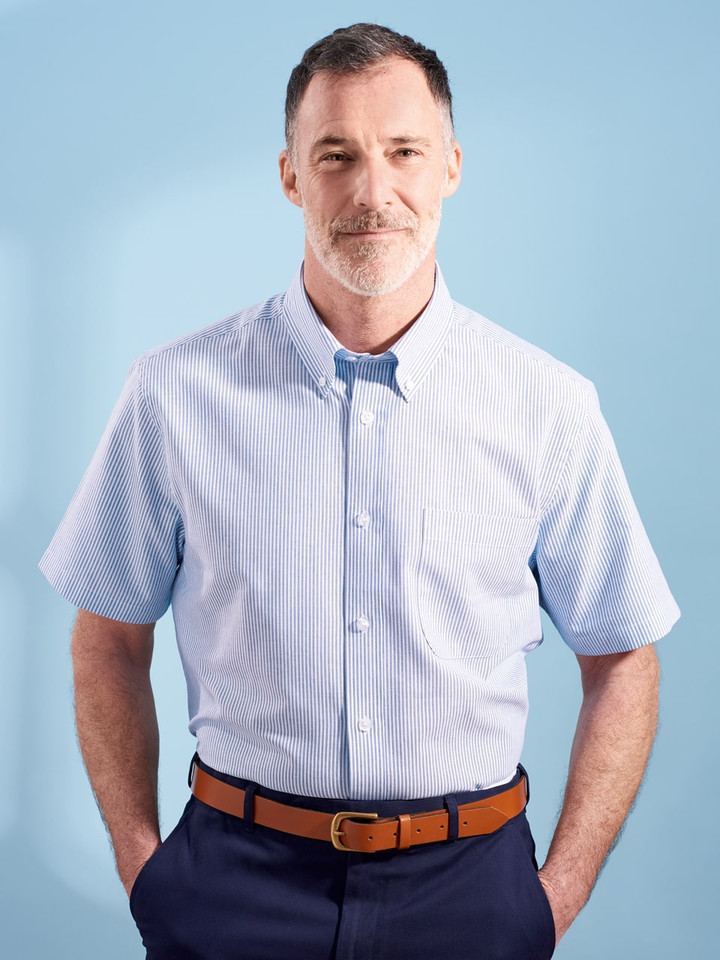 Men's Blue Stripe Cotton Short Sleeve Shirt on model