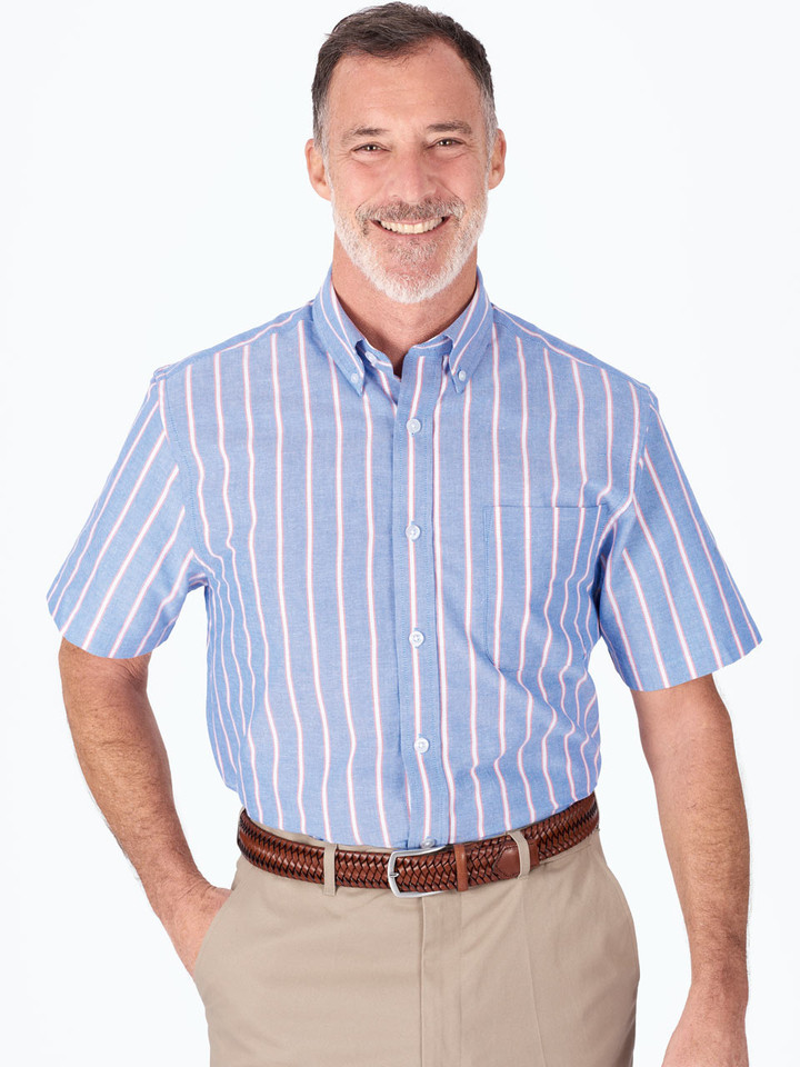 Men's Blue Red Stripe Cotton Short Sleeve Shirt on model