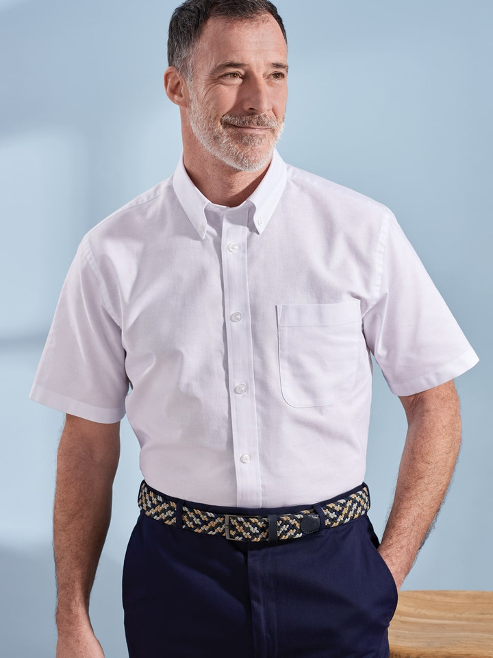 Men's White Cotton  Oxford Short Sleeve Shirt on model