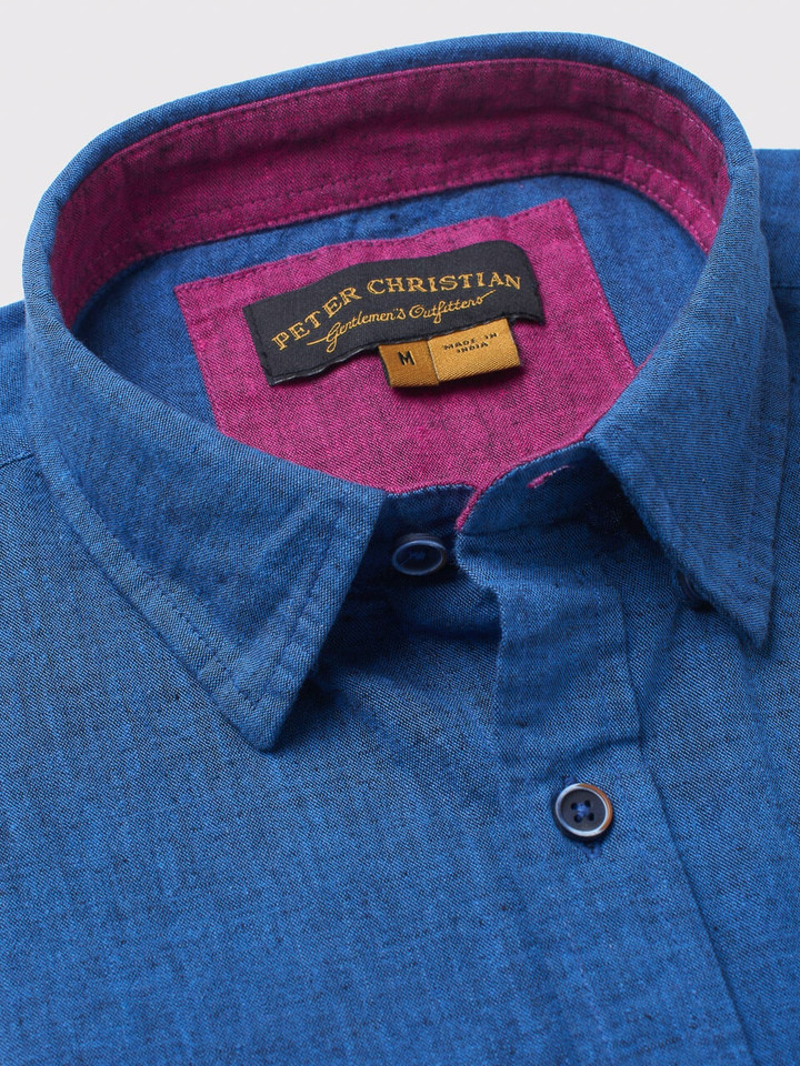 Men's Navy Cotton Linen Short Sleeve Shirt Collar