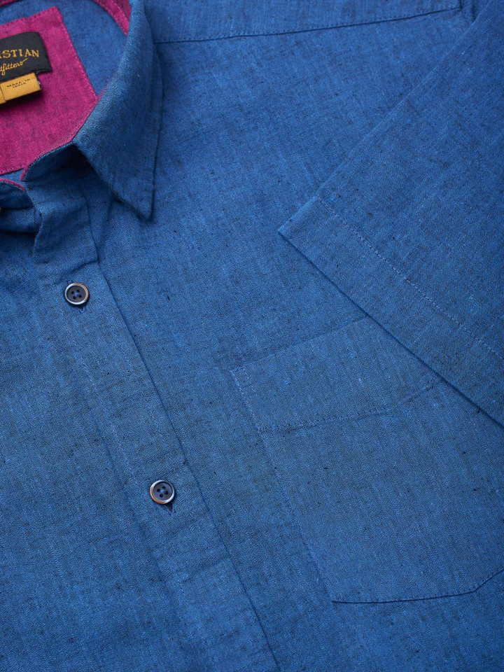 Men's Navy Cotton Linen Short Sleeve Shirt Cuff
