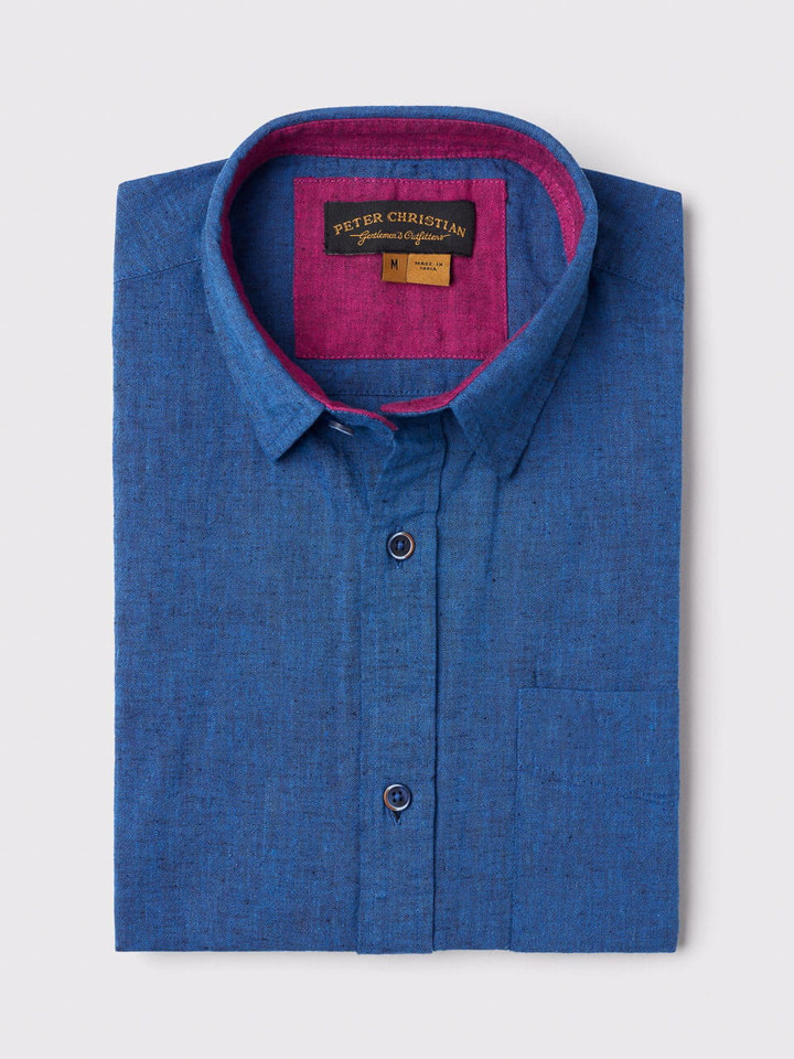 Men's Navy Cotton Linen Short Sleeve Shirt