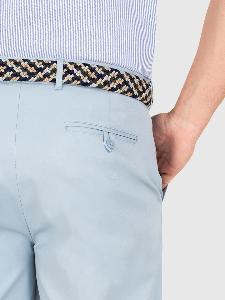 Sky Blue Cotton Stretch Flat Front Shorts Buttoned Back Pocket