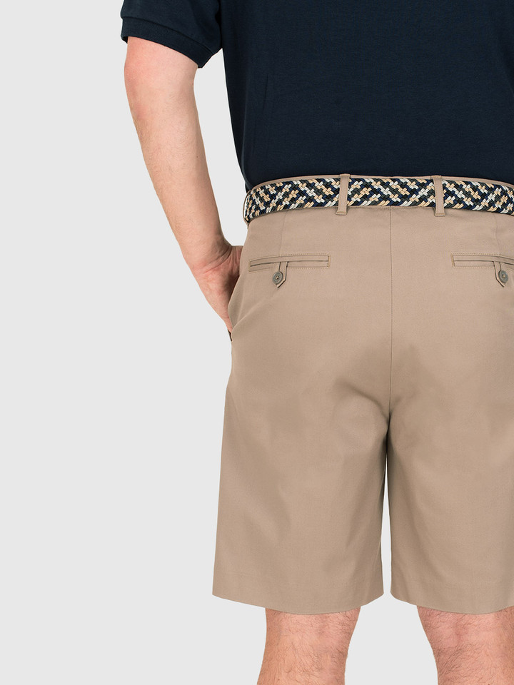 Sand Cotton Stretch Flat Front Shorts Buttoned Back Pocket