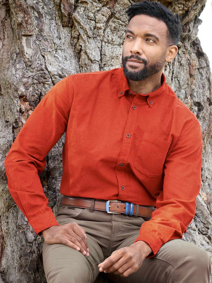 Men's Rust Orange Fine Cotton Corduroy Shirt on Model