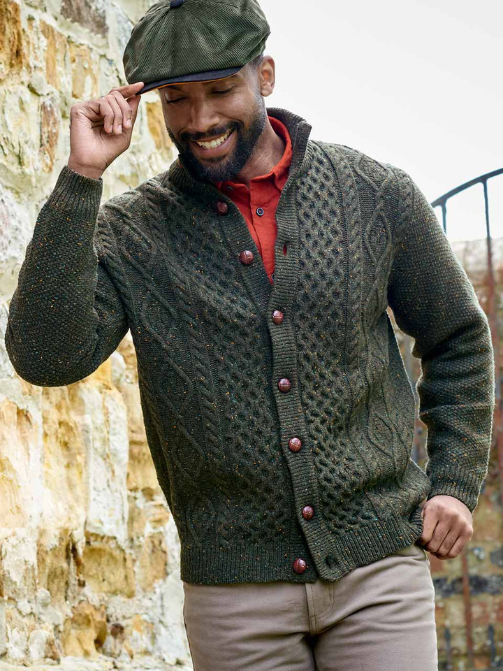 Model wears Forest Green Flecked Aran Knit Cardigan