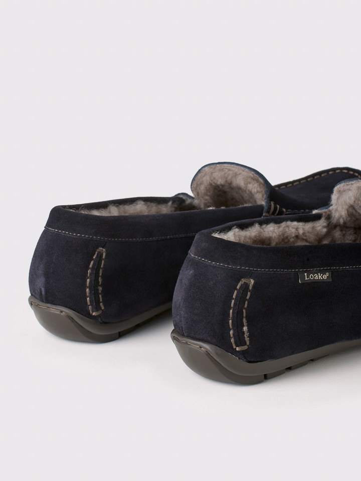 Loake Navy Shearling Suede Slipper Hee;