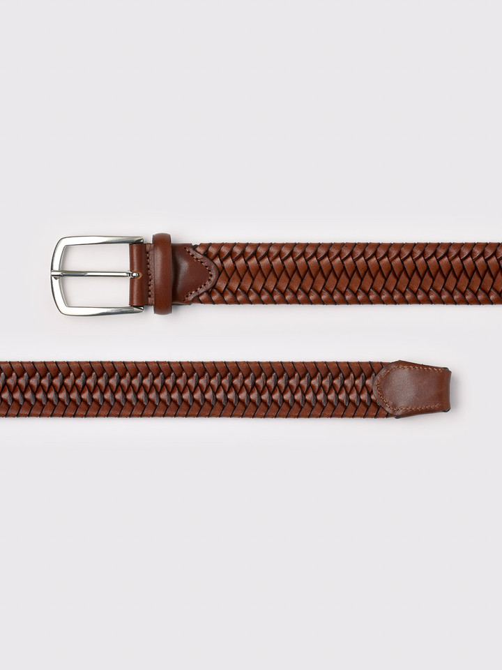 Men's Elasticated Tan Brown Braided Leather Belt Buckle