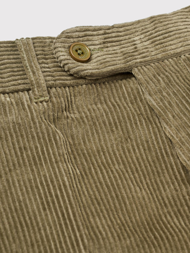 Men's Green Flat Front Corduroy Trousers Button Fastening