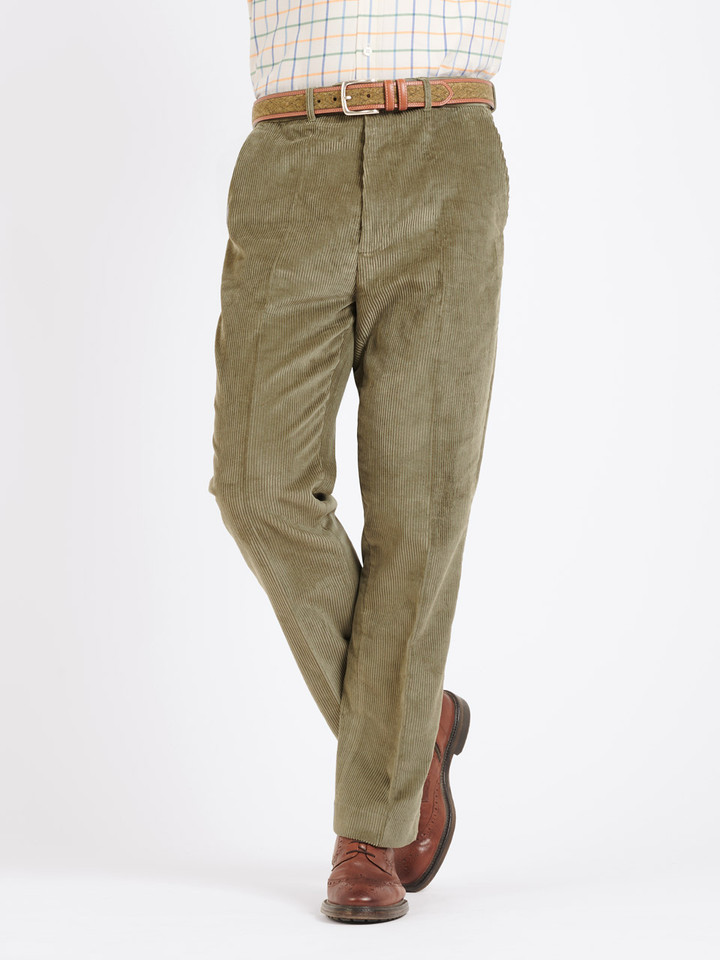 Men's Green Flat Front Corduroy Trousers