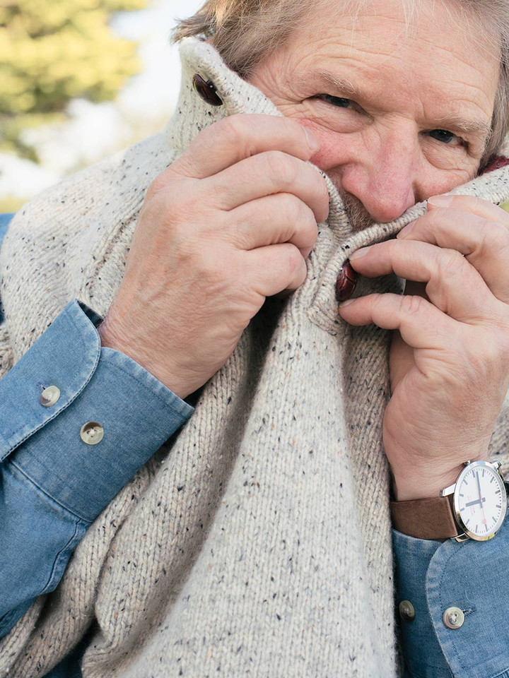 Lord Trousers' Look - Button Neck Pullover & Denim Shirt