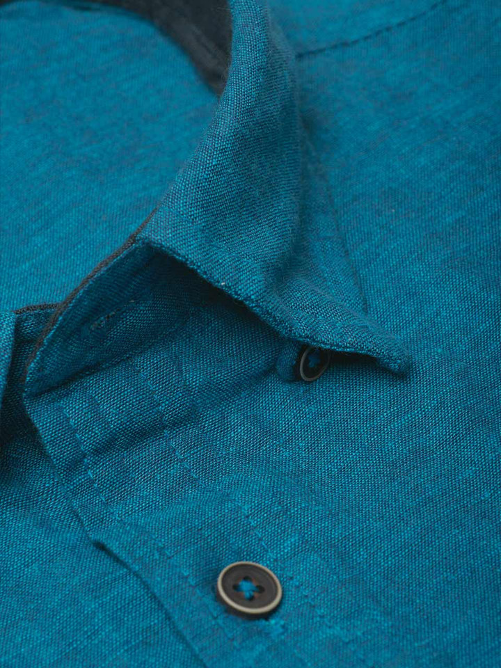 Men's Turquoise Blue Short Sleeve Linen and Cotton Shirt  Hidden Button Down