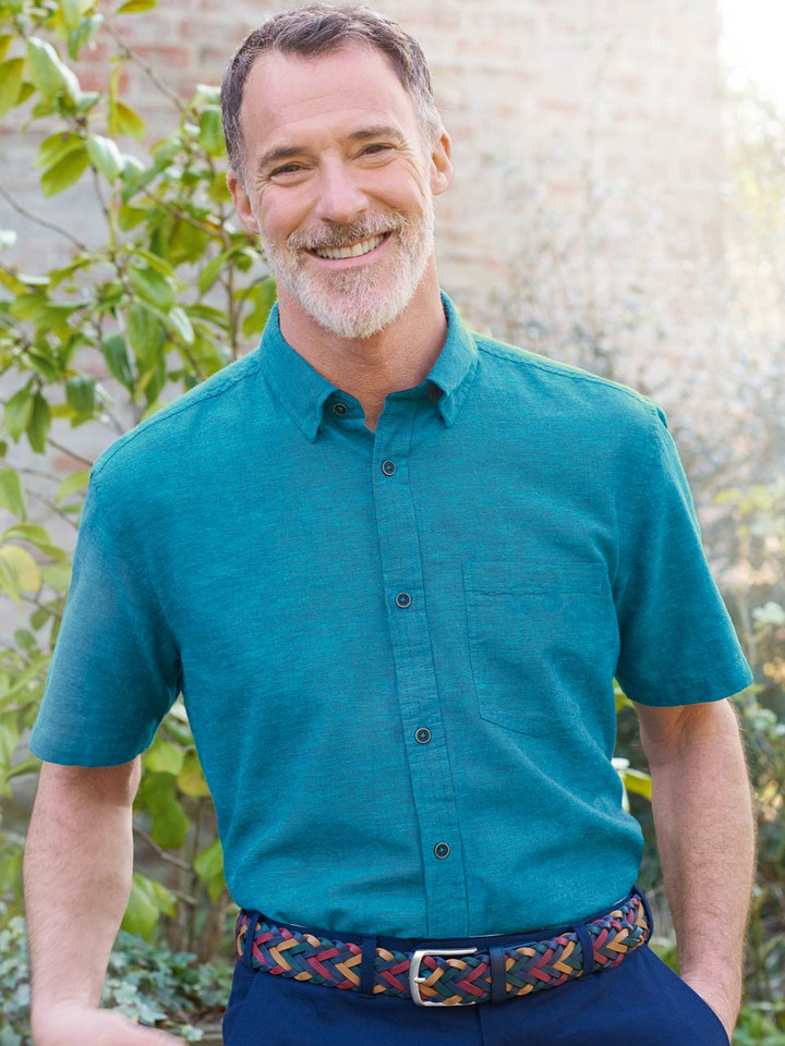 Men's Turquoise Blue Short Sleeve Linen and Cotton Shirt On Model