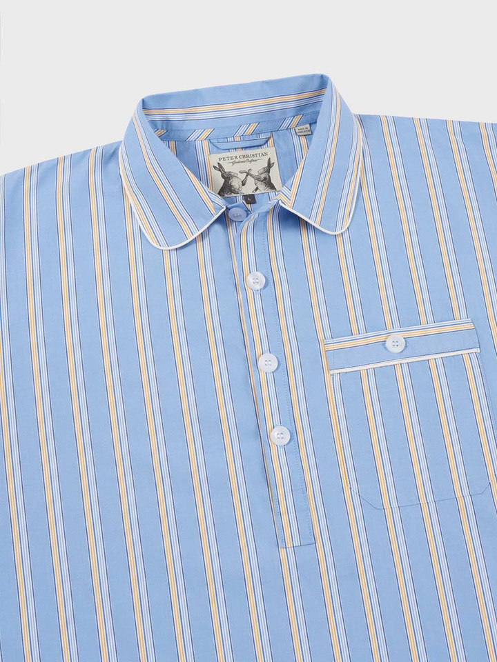 Men's Blue & Gold Striped Cotton Nightshirt Peter Pan Collar