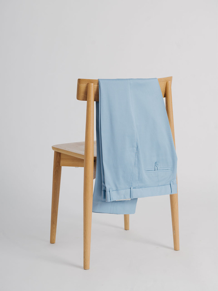 Men's Sky Blue  Finest Cotton & Silk Chino Trousers on Chair