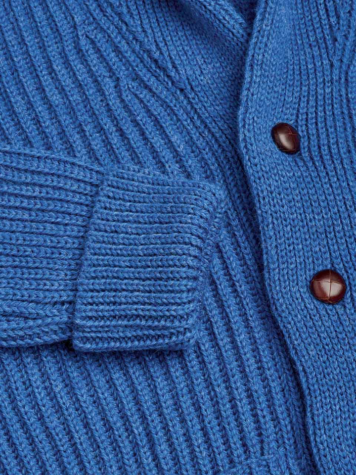 Men's Blue Shawl Neck Cardigan Ribbed Cuff