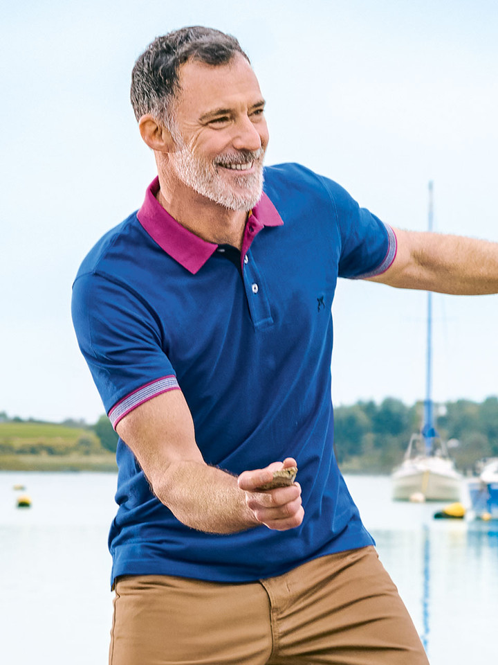 Men's Blue Contrast Piqué Cotton Polo Shirt On Model