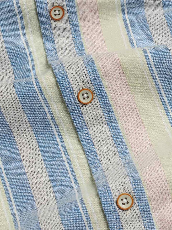 Men's Pink Stripe Linen & Cotton Short Sleeve Shirt Fabric Close Up