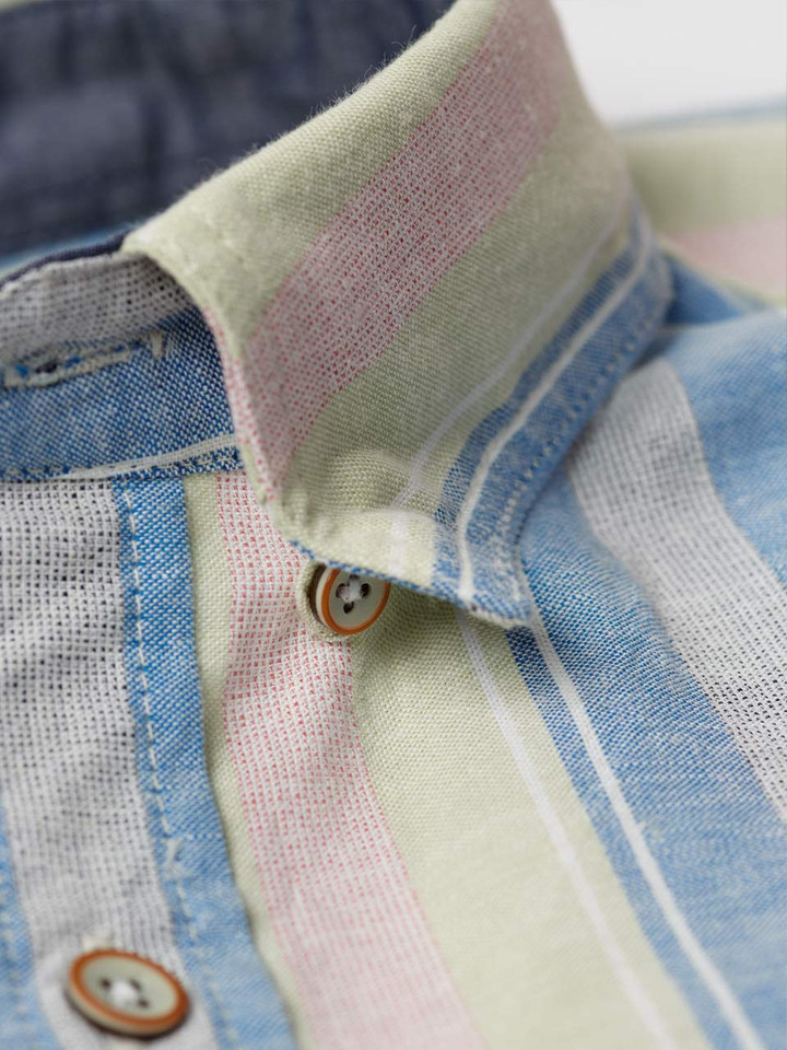 Men's Pink Stripe Linen & Cotton Short Sleeve Shirt Hidden Button Down Detail