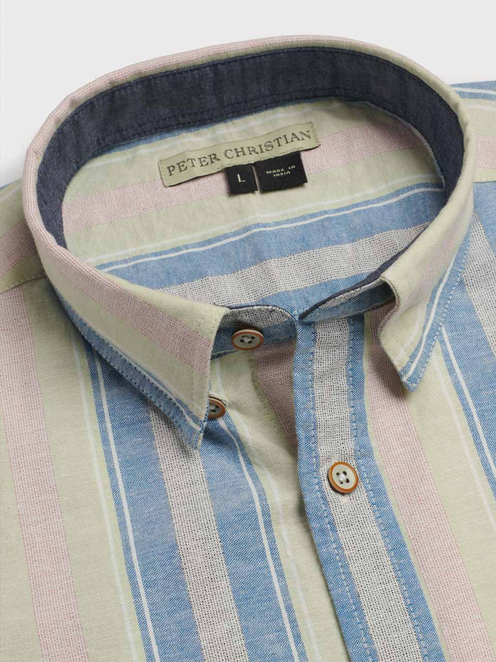 Men's Pink Stripe Linen & Cotton Short Sleeve Shirt Collar