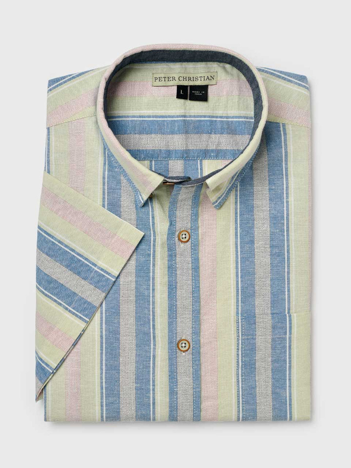 Men's Pink Stripe Linen & Cotton Short Sleeve Shirt Folded