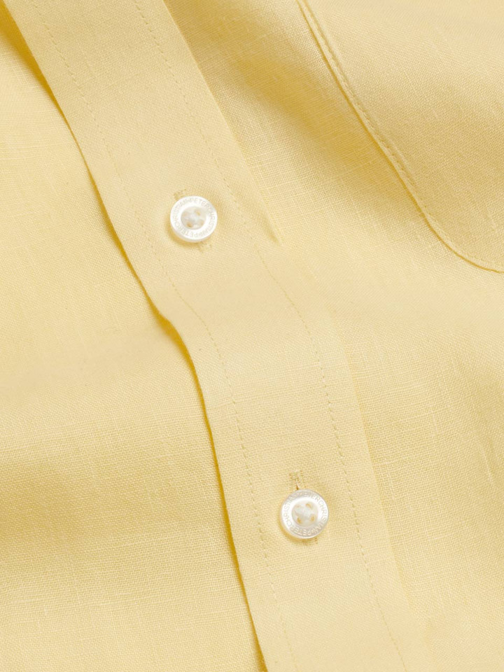 Men's Lemon Yellow 100% Linen Long Sleeve Shirt Fabric Close Up