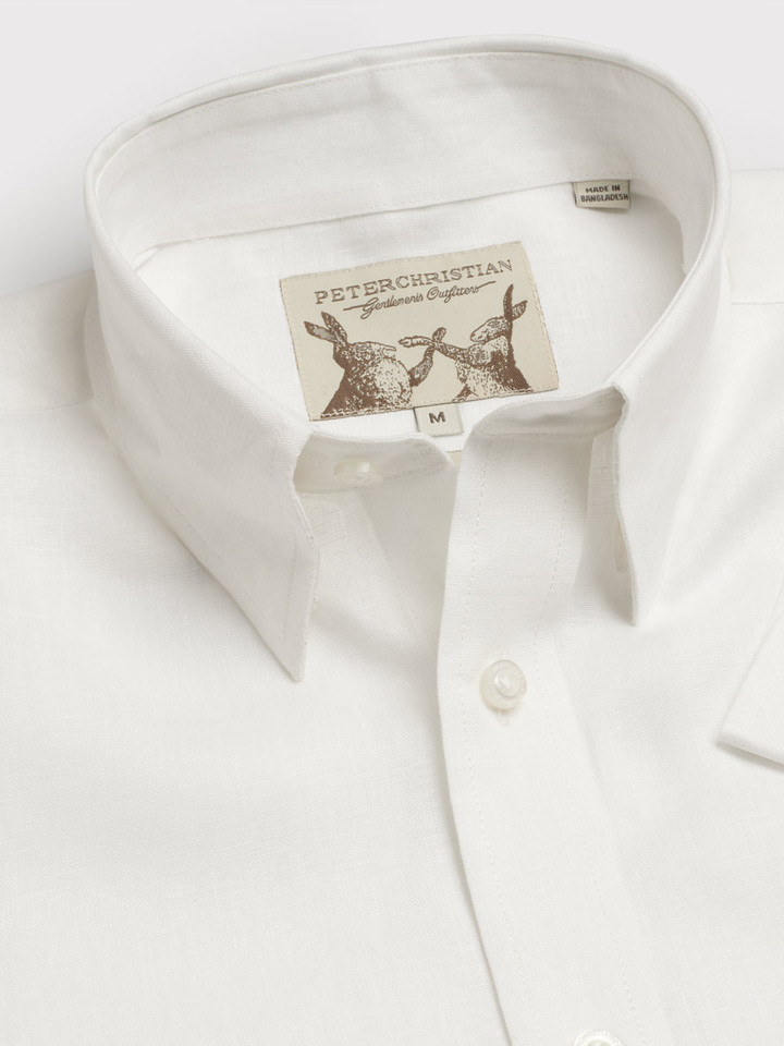 Men's White 100% Linen Long Sleeve Shirt Collar