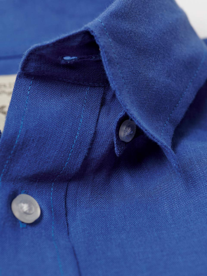 Men's Blue 100% Linen Long Sleeve Shirt Hidden Button Down