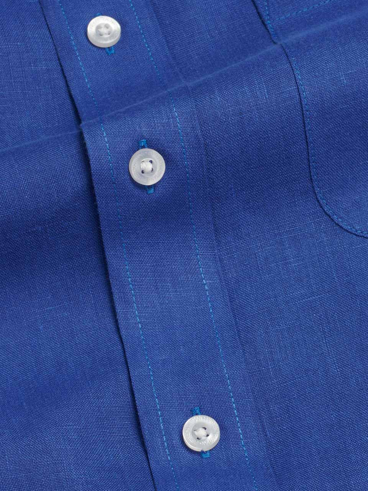 Men's Blue 100% Linen Long Sleeve Shirt Fabric Close Up
