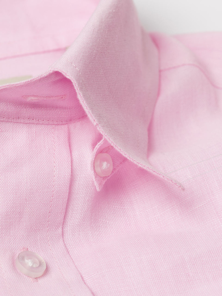 Men's Pink 100% Linen Long Sleeve Shirt Hidden Button Down