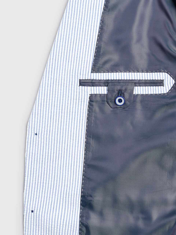 Men's Blue and White Stripe Seersucker Jacket Inner Pocket