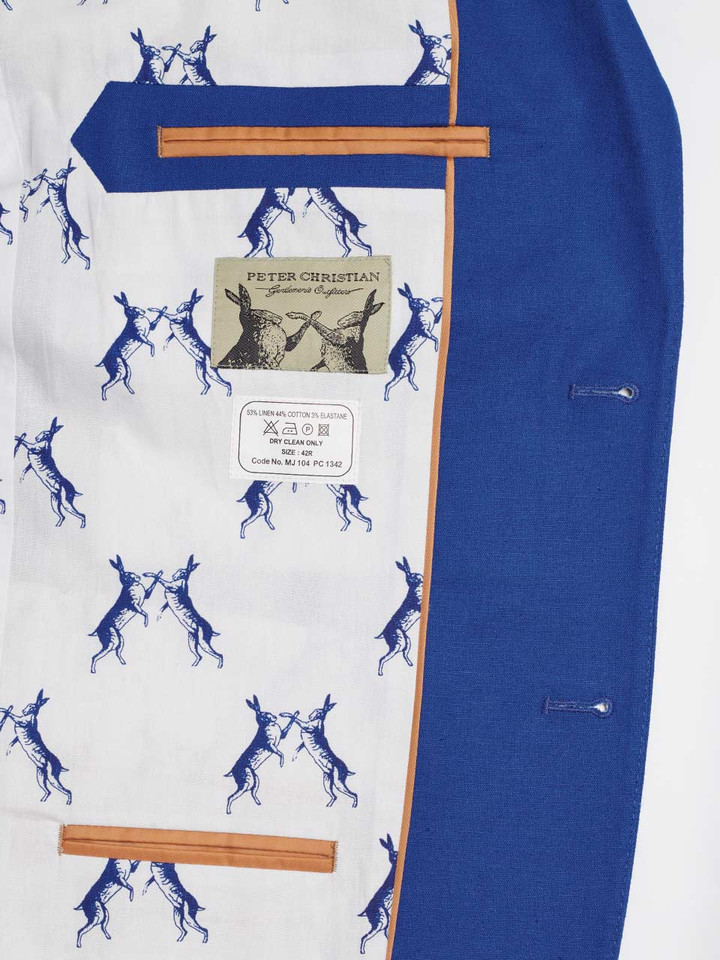 Blue Linen and Cotton Suit Jacket Hares Inner Lining
