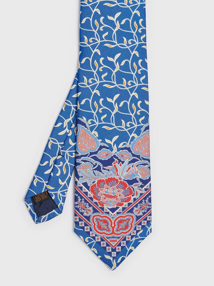 Men's Blue Botanical Flower Pattern Silk Tie Flat