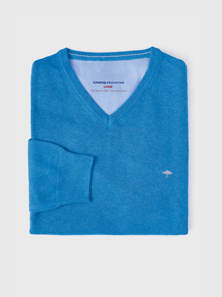Men's Azure Blue Fynch-Hatton Superfine Cotton V Neck Sweater