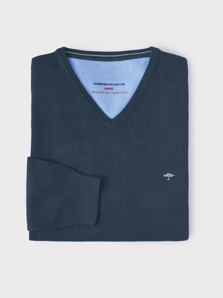 Men's Navy Fynch-Hatton Superfine Cotton V Neck Sweater
