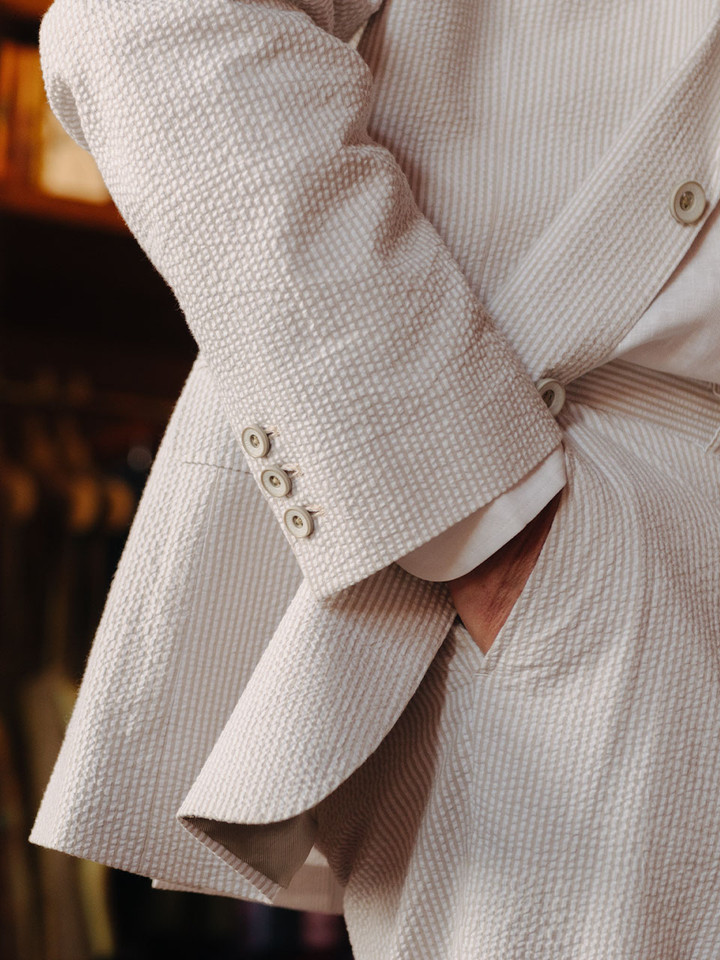 Beige Natural Tan Seersucker Suit Details