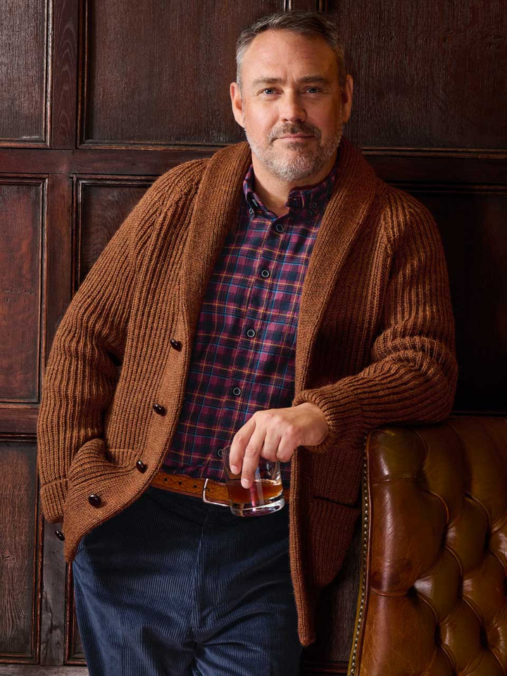 Men's Cinnamon Shawl Neck Cardigan On Model