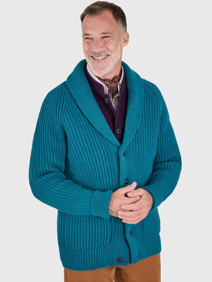 Men's Kingfisher Shawl Neck Cardigan On Model