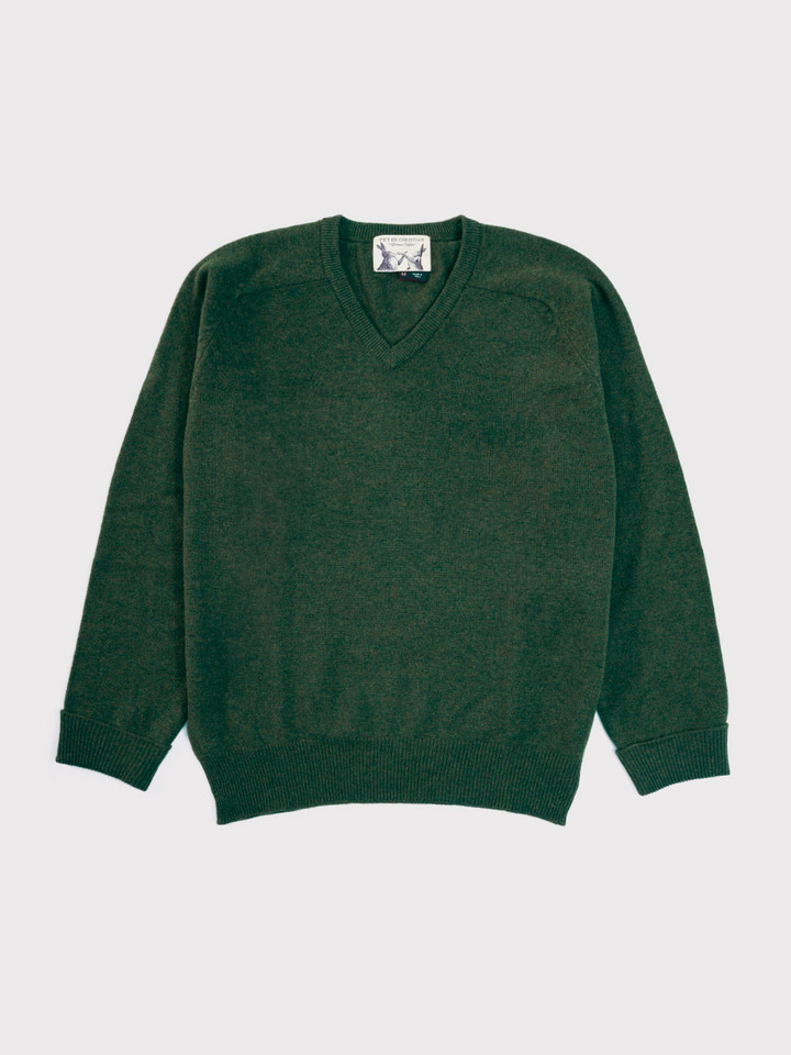 Men's Green 100% Lambswool V-Neck Sweater Flat
