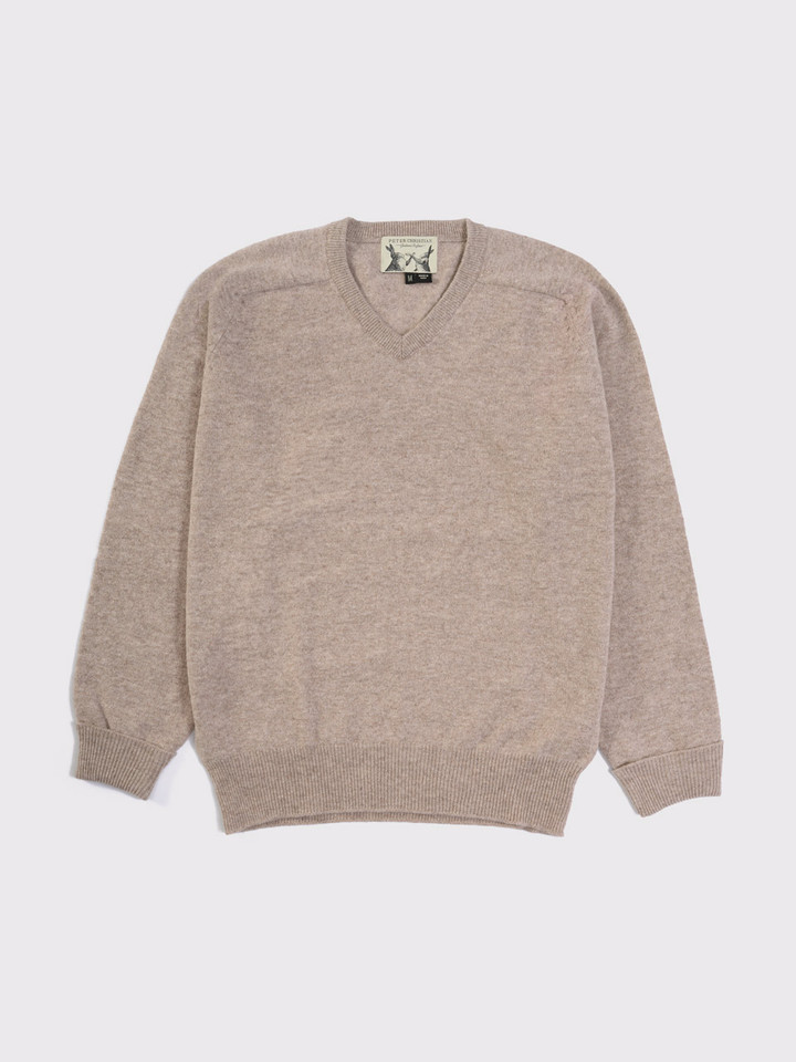 Men's Doe Beige Lambswool V-Neck Sweater Flat