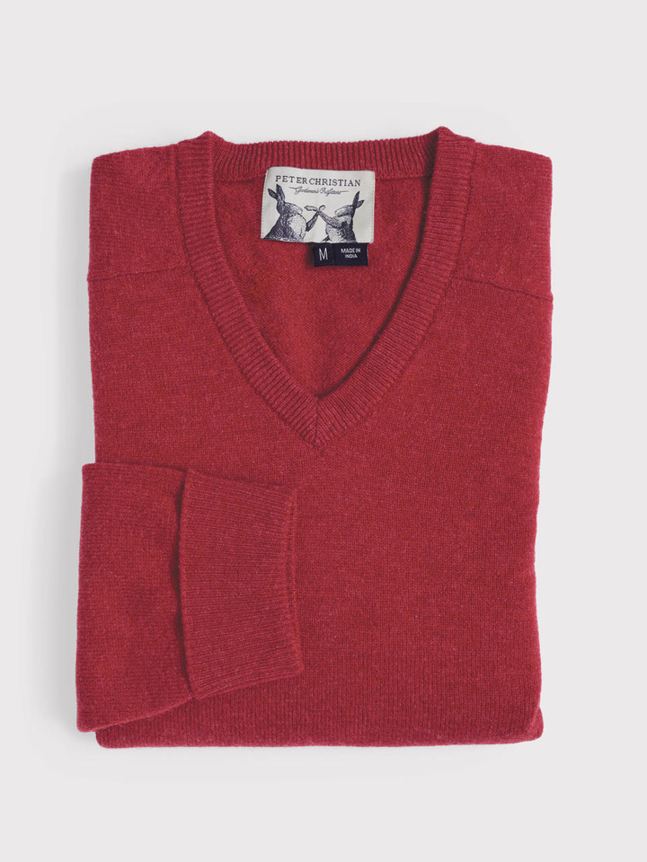 Men's Red Lambswool V-Neck Sweater Folded