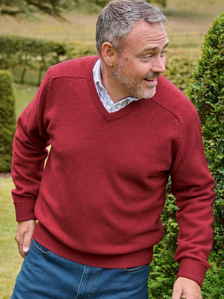 Men's Red Lambswool V-Neck Sweater On Model