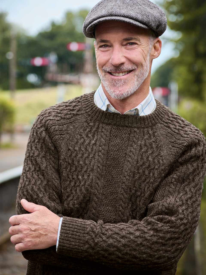 Undyed Brown wool aran jumper On model