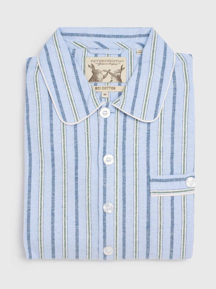 Blue & Green Stripe Flannel Nightshirt with Night Cap