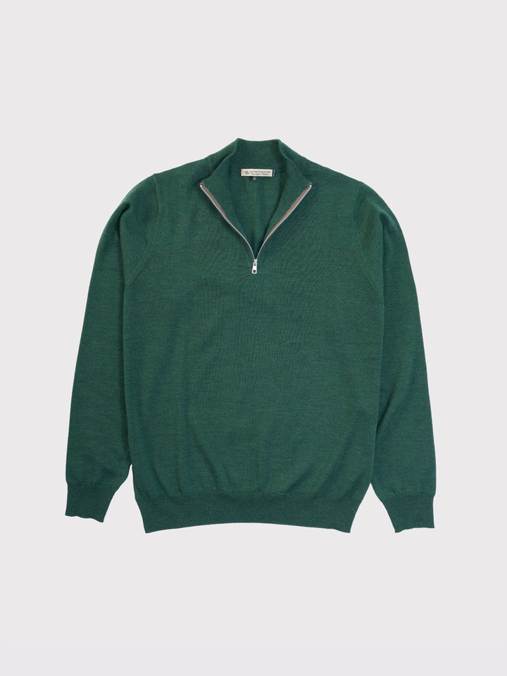 Green Fine Merino Zip-Neck Jumper  Flat
